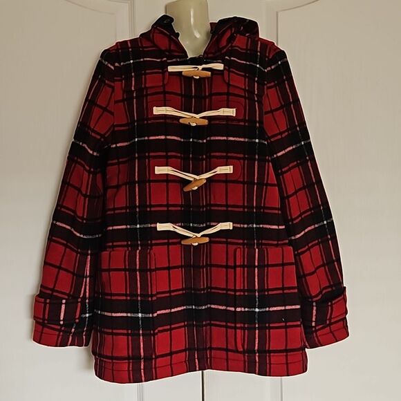 Gap Wool Blend Buffalo Plaid Hoodie Coat With Toggle Buttons Small Red & Black - Picture 1 of 16